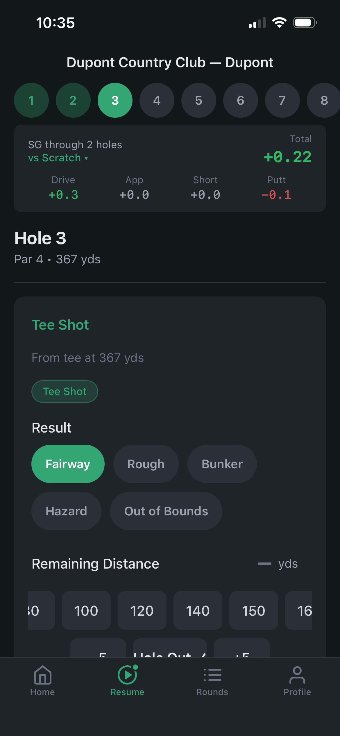 Shot entry with live strokes gained